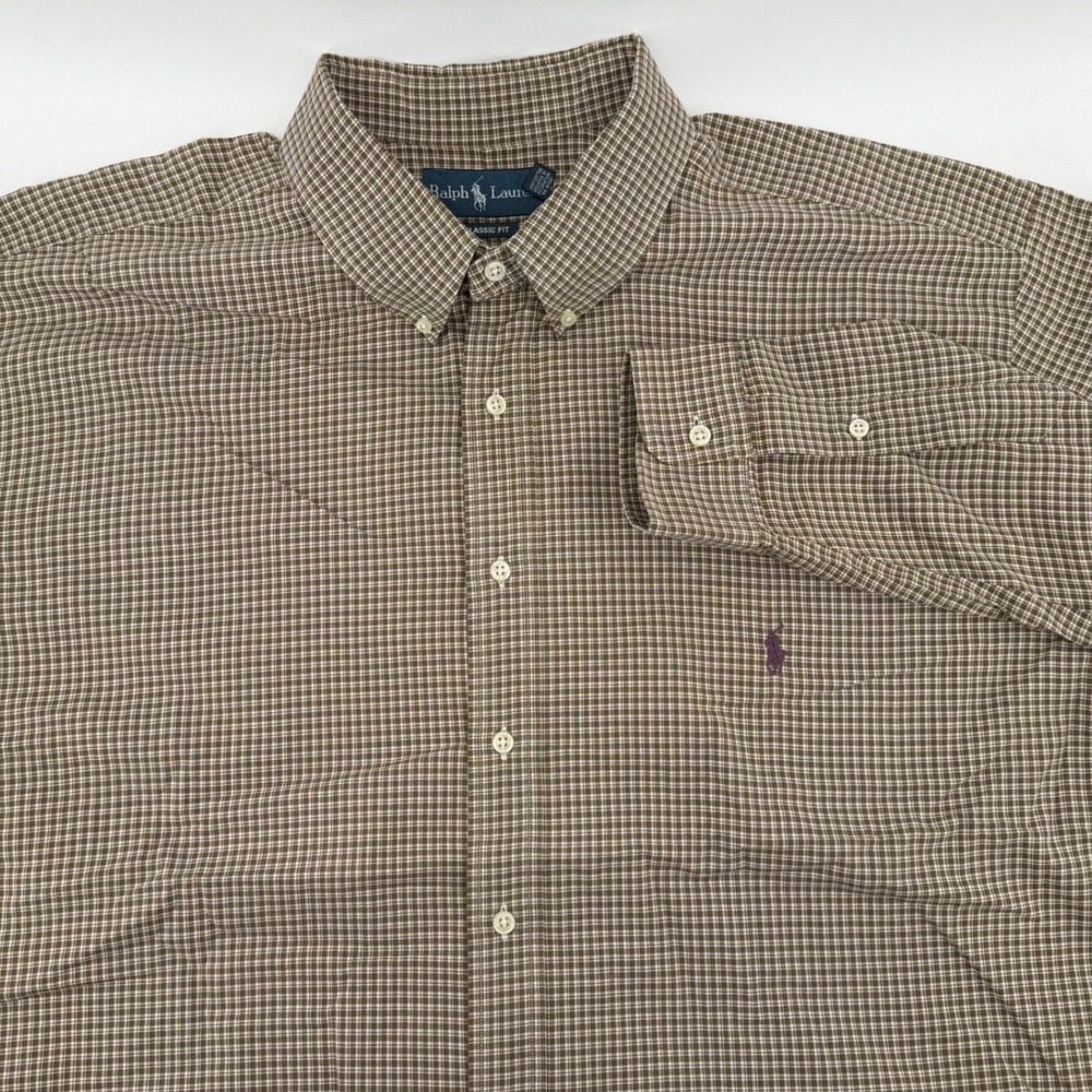 Ralph Lauren Button Down Mens 3XB Olive Green‎ Classic Fit Micro Check Shirt Big